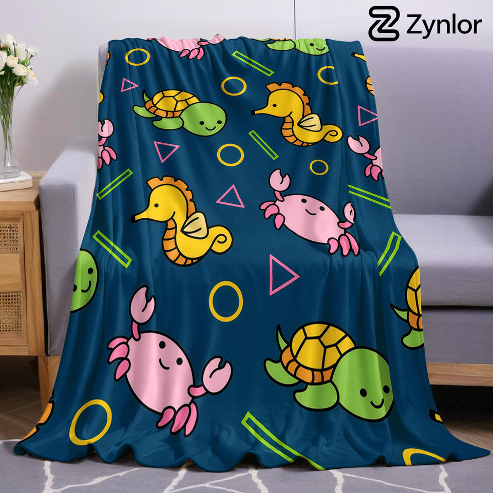 Cute Ocean Creature Cartoon Anime Print Flannel Blanket Soft Warm Throw for Kids Bedroom Sofa Bed Christmas Office Car