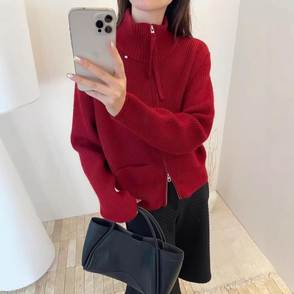 Women's Retro Japanese-Style Zipper Knit Cardigan with Ribbon - Winter Casual Versatile Half-High Collar