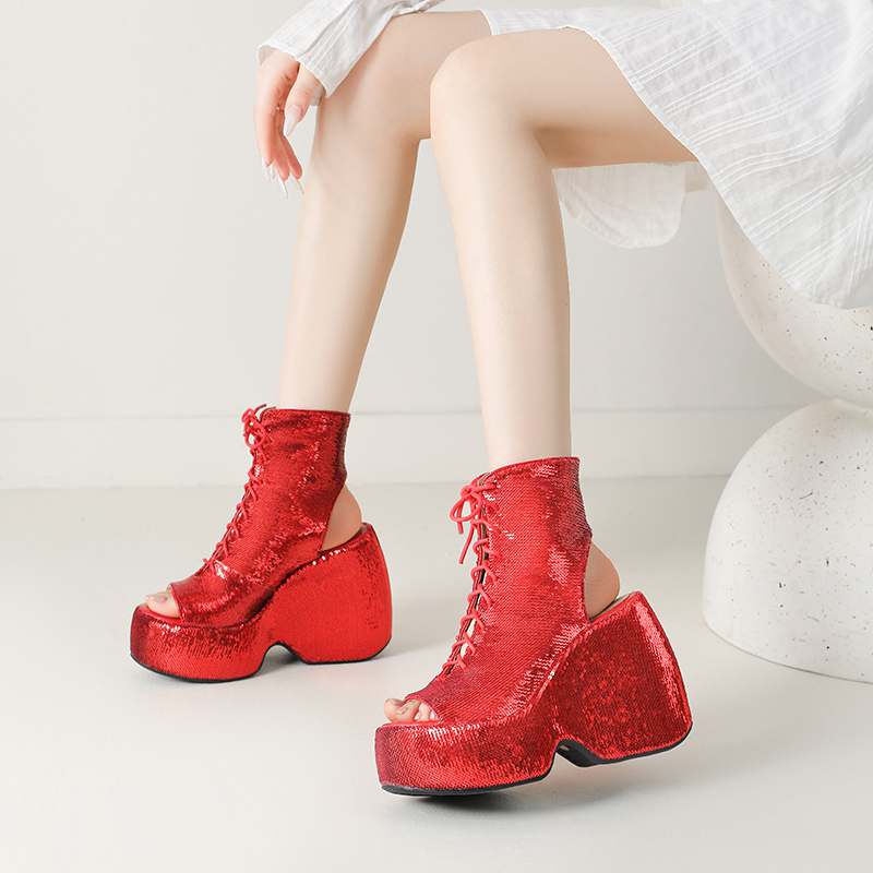 Krazing Pot Sequin Cloth Spring Summer Size 43 Size 42 Women Platform Women Peep Toe Toe Sexy Summer Boots Lace Up Pumps
