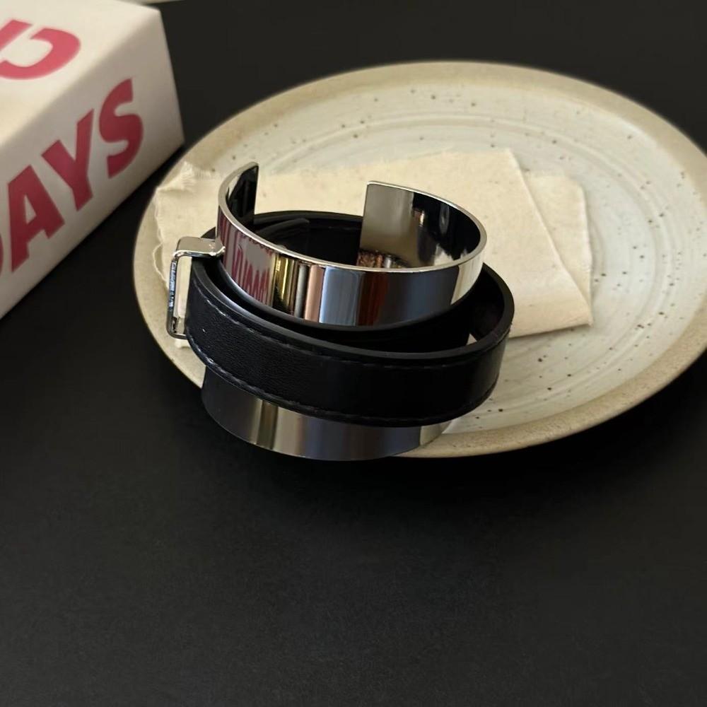 Silver Exaggerated Metal Bangle Armlet Women Open Bangle Belt Buckle Leather Bracelet  Daily