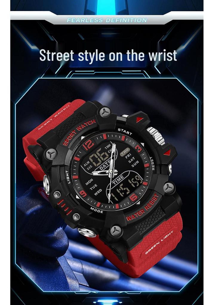 Sanda Dual-Movement Sports Watch with Countdown, Alarm, Night Light, Waterproof, and Multi-Function Features for Students.