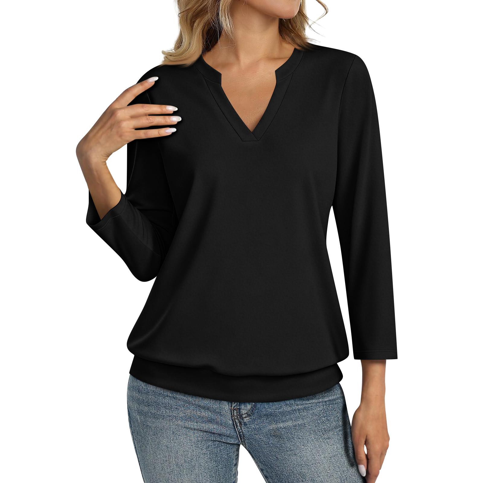 Women s Fashion Casual 3/4 Sleeve T-Shirt V-Neck Top S чёрный