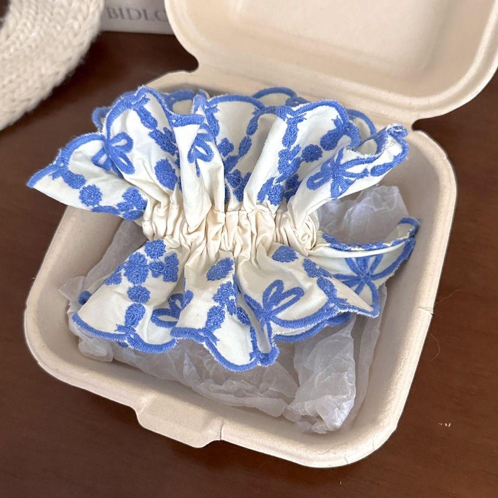 Bow Elastic Hair Bands Blue Embroidery Large Hair Scrunchies Sweet Exaggerated Hair Rope Ladies