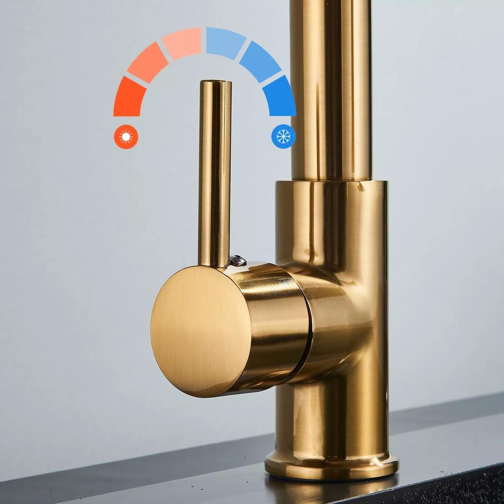 Brushed Gold Kitchen Sink Faucet One Handle Spring Hot and Cold Water Tap Deck Mounted Bathroom Kitchen Crane