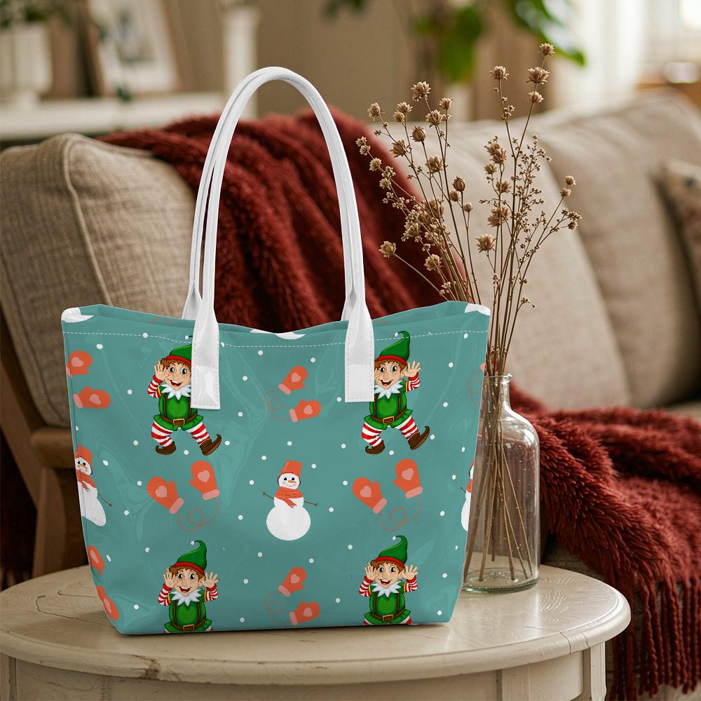 Christmas Elf Snowman Printed Large Tote Bag Casual Portable Daily Carry Handbag for Holiday Shopping Travel