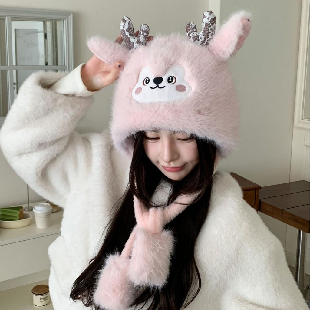Antlers plush hat women's autumn and winter warm Lei Feng hat Christmas hat cute elk ear protection pullover hat
