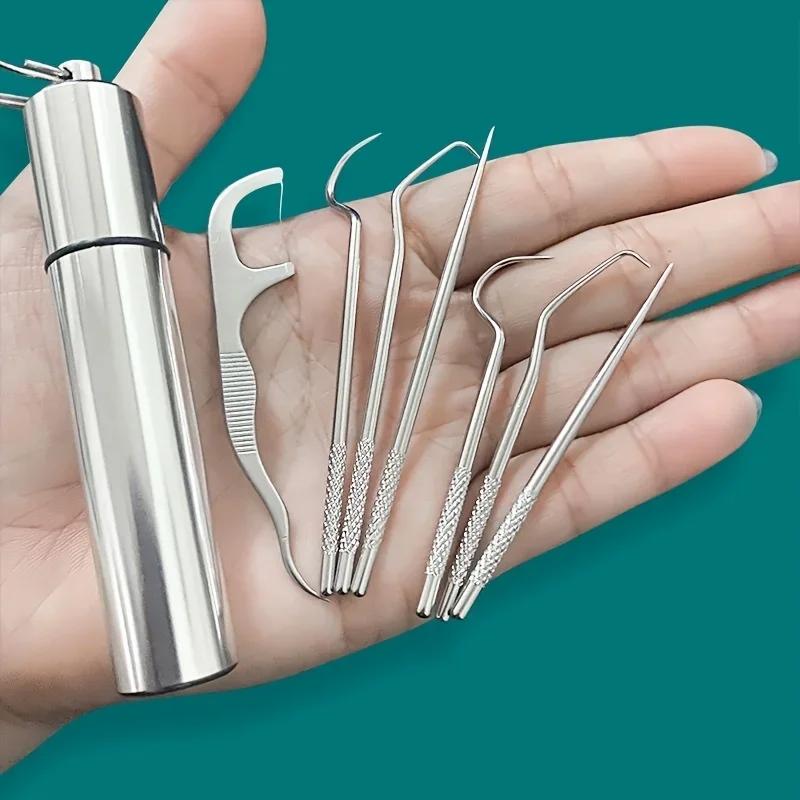 Portable Stainless Steel Toothpick & Floss Pick Set - Reusable Tartar Removal Tool for Travel Oral Care,  Dental Hygiene Kit