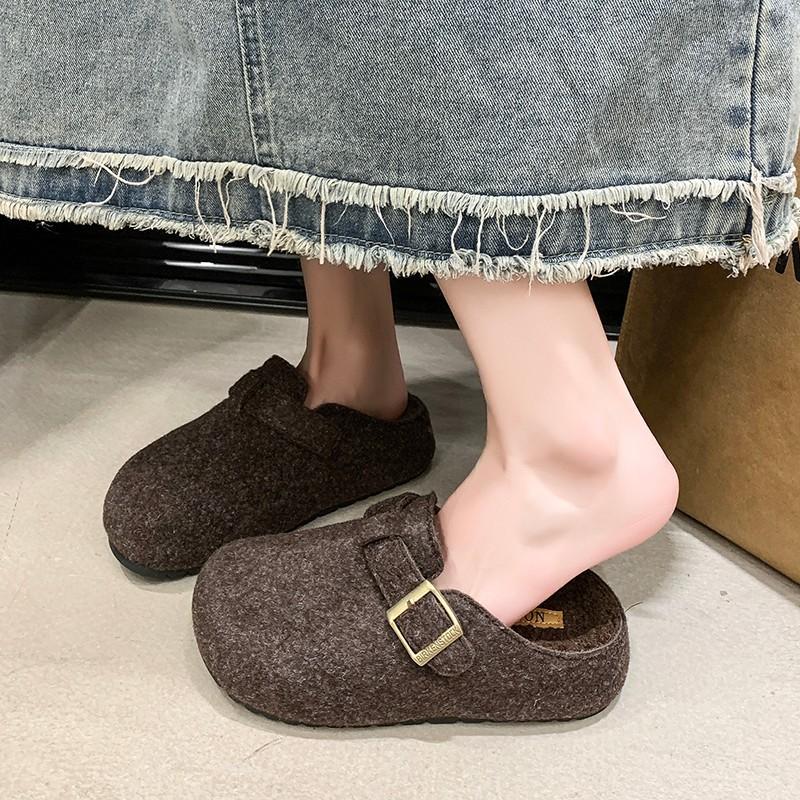 Retro Boken Shoes Fluffy Slippers Women's Outer Wear 2025 New Autumn and Winter One-pedal Velvet Cotton Slippers Bag Head Half Drag