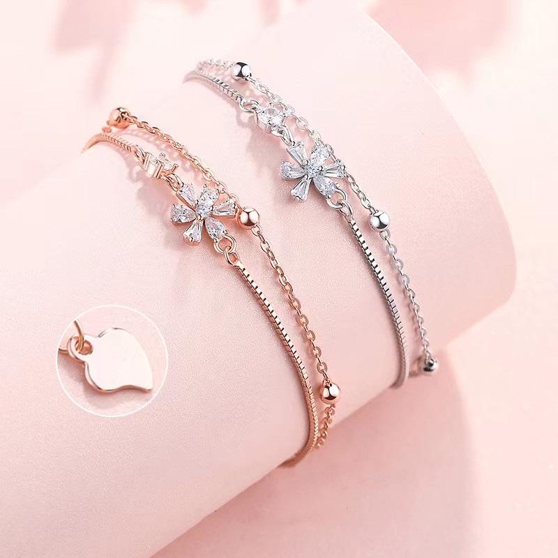 2022 Korean Double Layer Cherry Blossom Sparkling Diamond Bracelet - Light Luxury Gift for Women