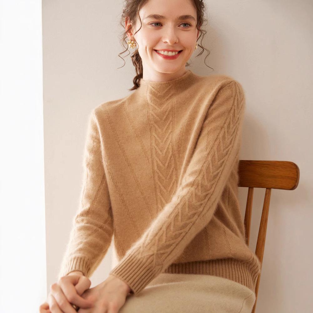 Women's Cable Knit Cashmere Pullover with Built-in Stand-up Collar Base Layer Sweater