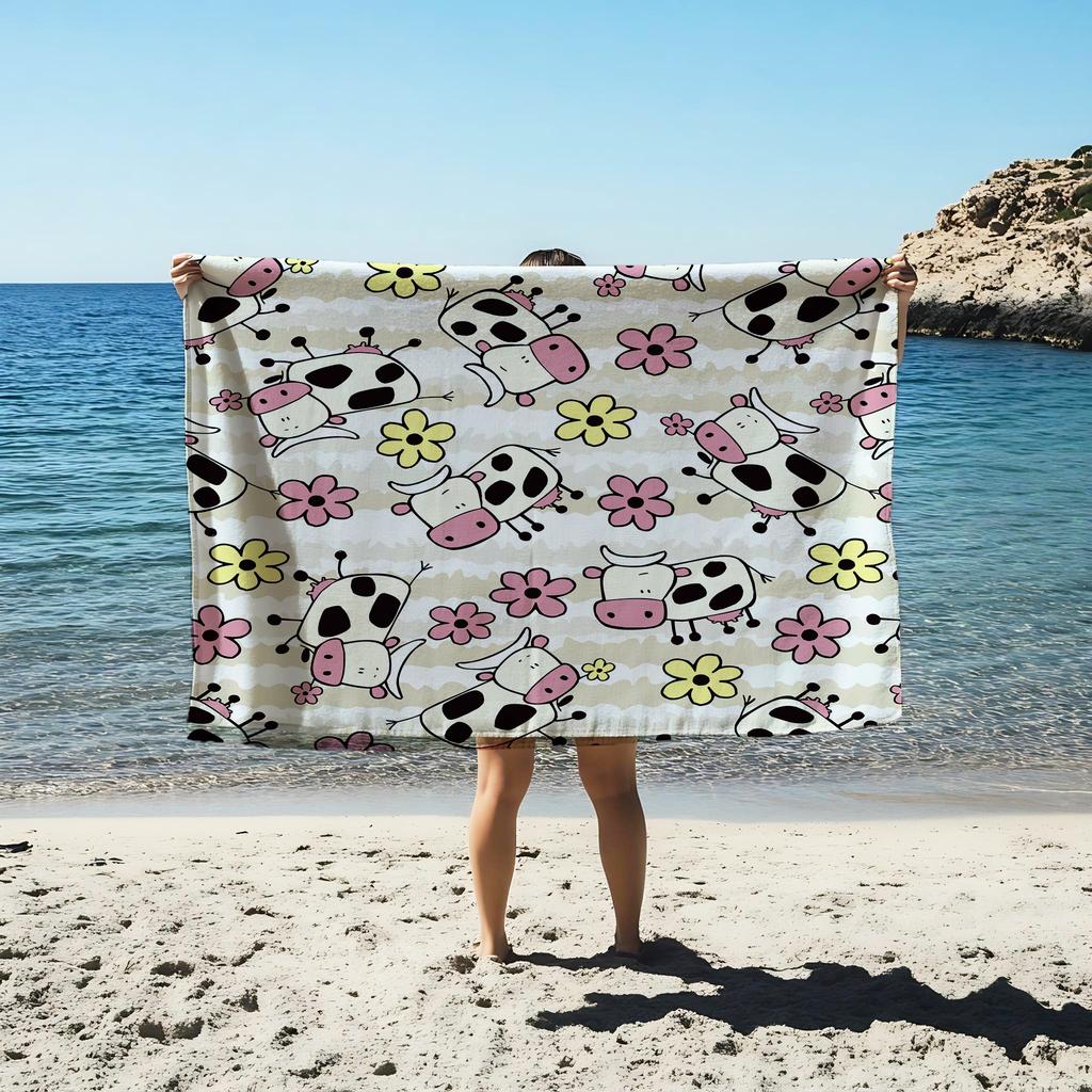 Black White Print Cow Anime Beach Swimming Towel Soft Absorbent Washcloth Children's Gifts For Kids Travel Camping Gym
