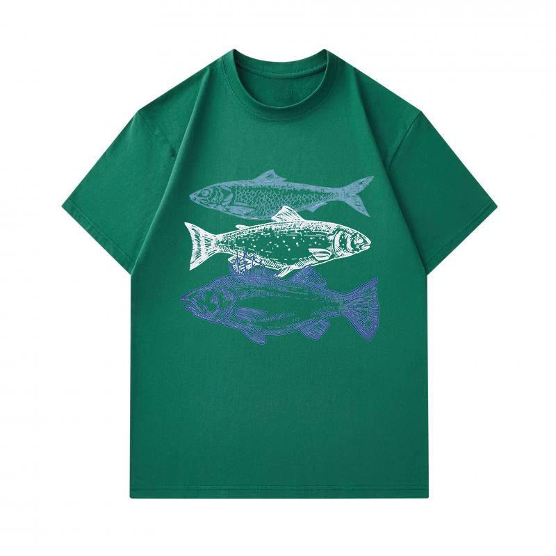 Men's 100% Cotton Crew Neck Short Sleeve T-Shirt, Casual Retro Three Fish Printed Comfortable Tee, Lightweight Breathable Daily Summer Top for Men
