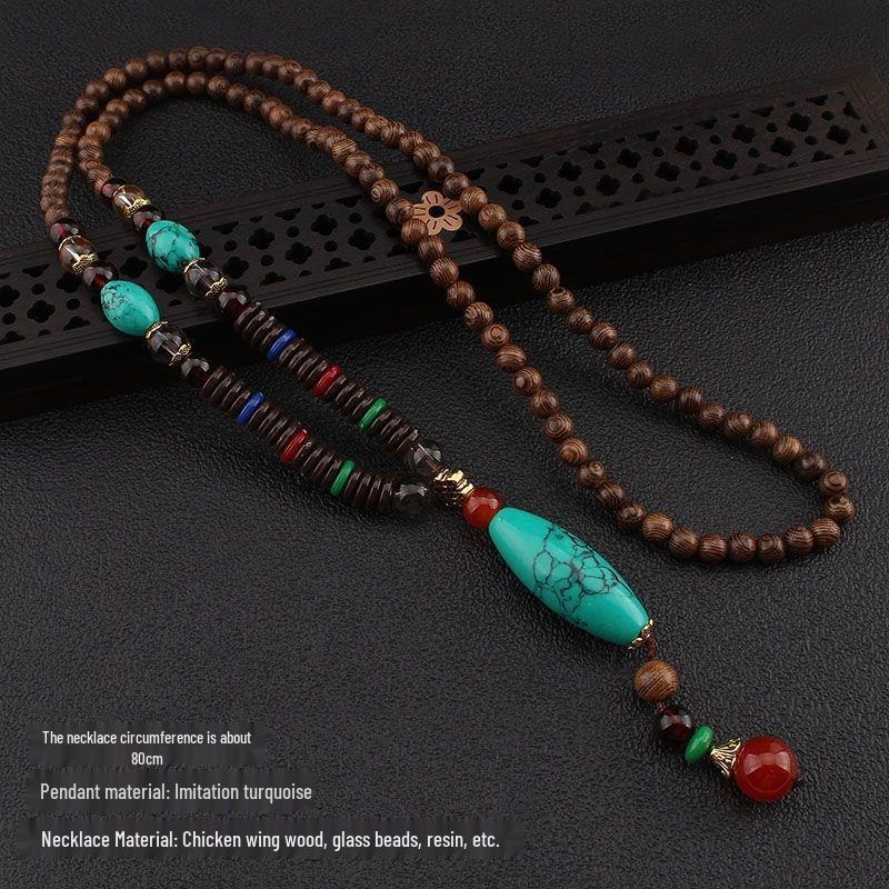 Unisex Retro Ethnic Wooden Necklace Pendant - Versatile Long Sweater Chain and Clothing Accessory