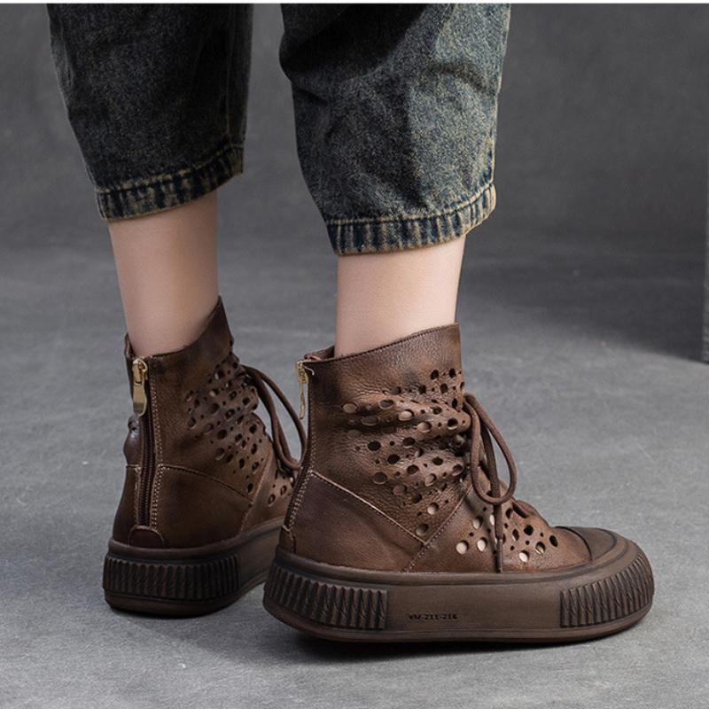 Johnature Atmungsaktive ausgehöhlte Sommerstiefel Echtledersandalen Retro Vielseitige Damenschuhe