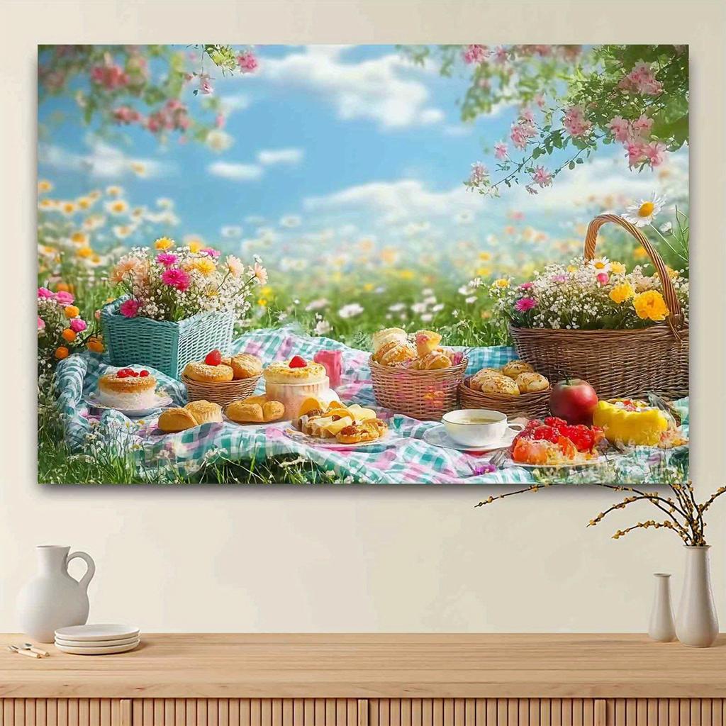One spring picnic backdrop banner with lush flower patterns and a colorful napkin is perfect for outdoor activities.