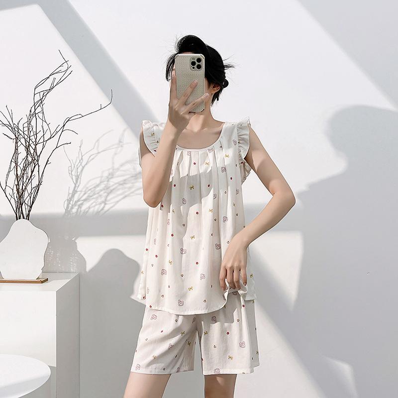 Lyocell cotton pajamas with chest pads women's spring and summer loose thin sleeveless vest shorts set simple loungewear
