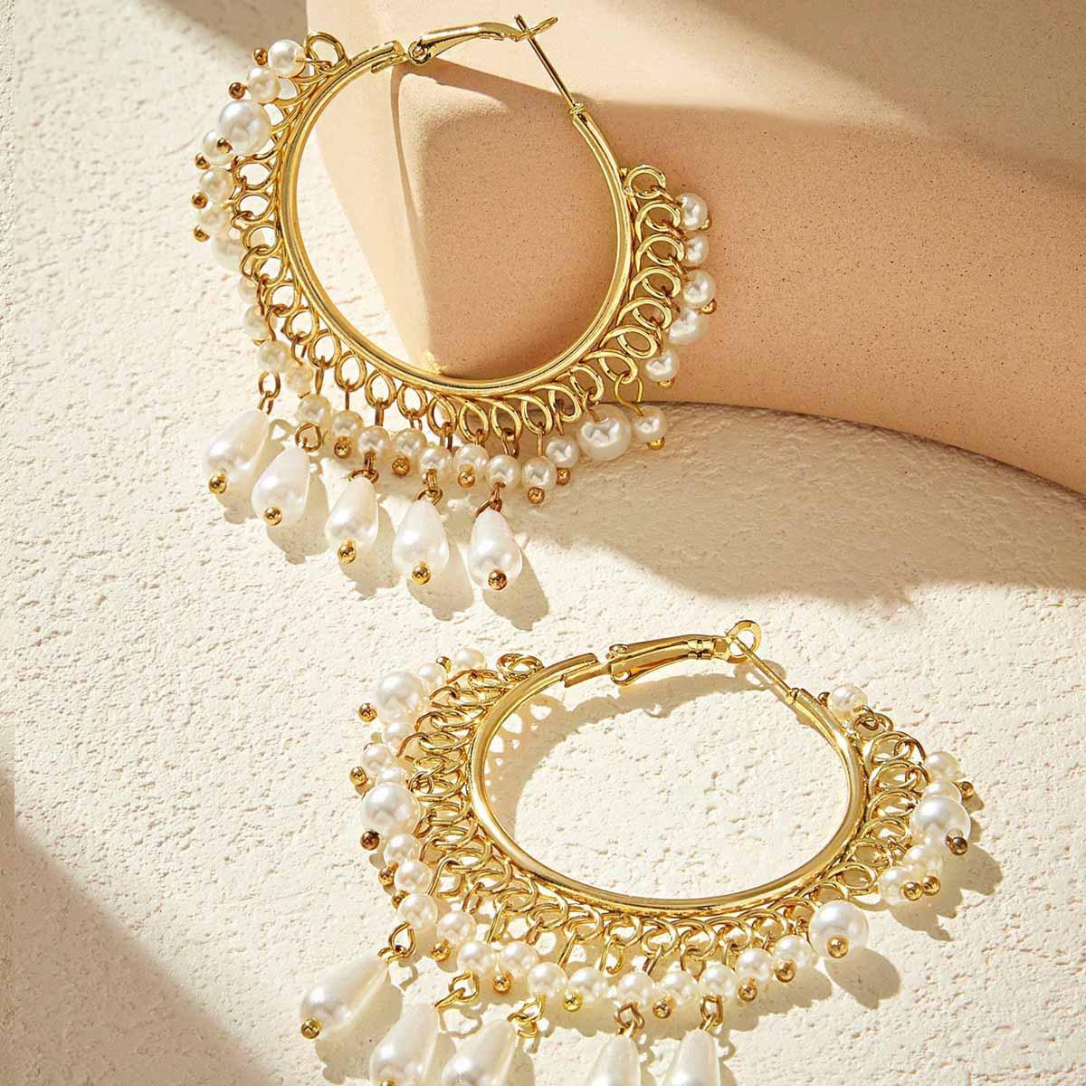 Exaggerated Retro Large Pearl Tassel Circle Earrings - Slimming Court Style Holiday Accessory for Women золотой