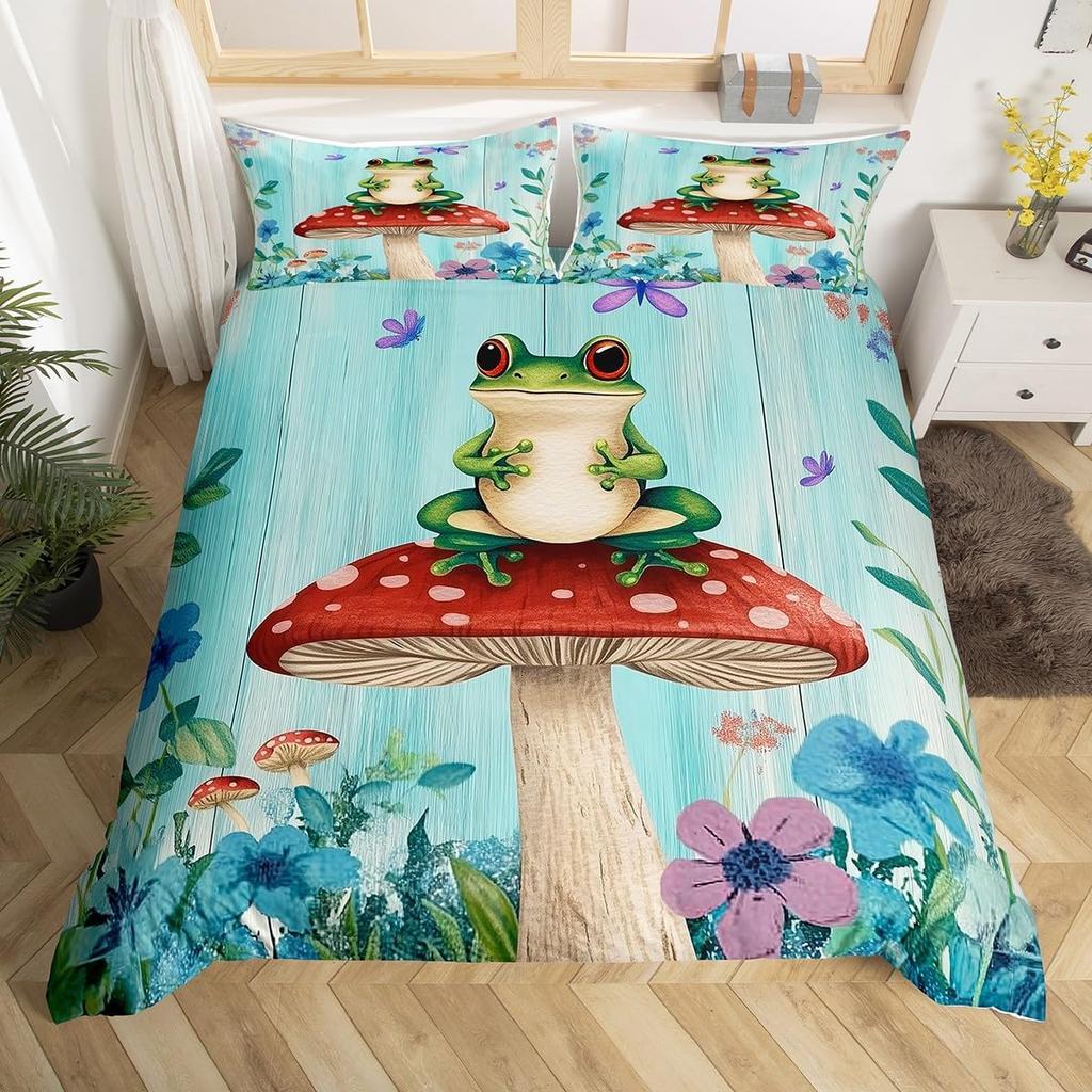 Kawaii Frog Print Duvet Cover Frog Mushrooms Comforter Cover Botanical Mushroom Twin Queen Bedding Set For Girl Teen Room Decor