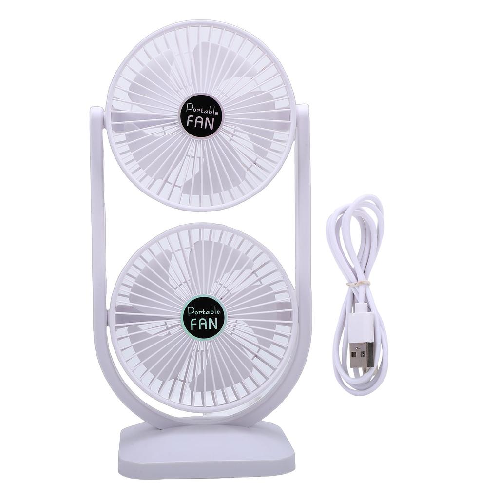 Dual Head Desk Fan USB Rechargeable 3 Speed Portable Electric Floor Fan for Home Office Dorm Travel White