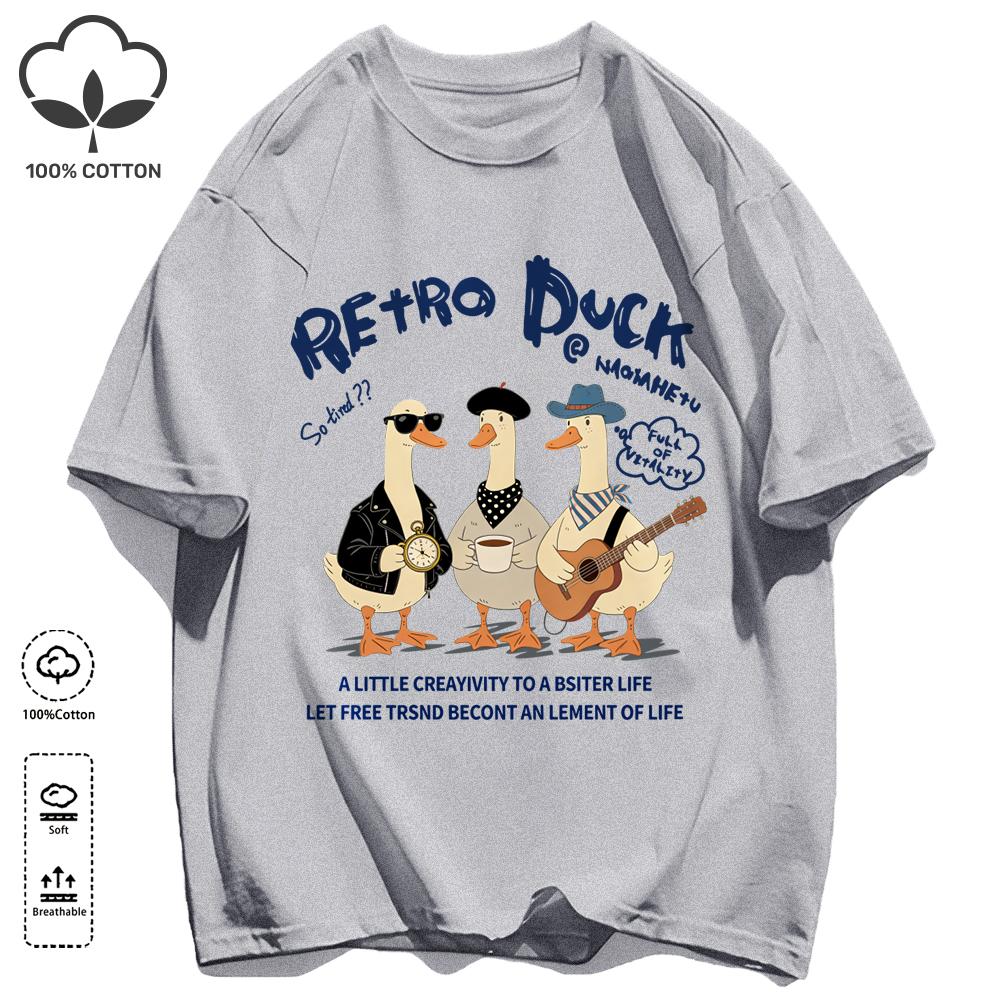 Retro Duck With Free Time T Shirt Unisex Fashion All-Match Basics Streetwear O-Neck Cotton Clothing Unisex Summer Loose Tee