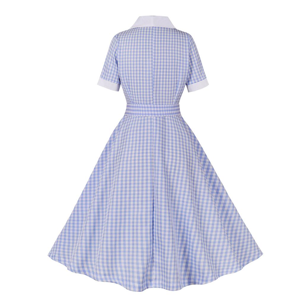 GMXIA Women's Hepburn Style Contrast Color Lapel Vintage Slim Lace-up Plaid Swing Mid-length Dress