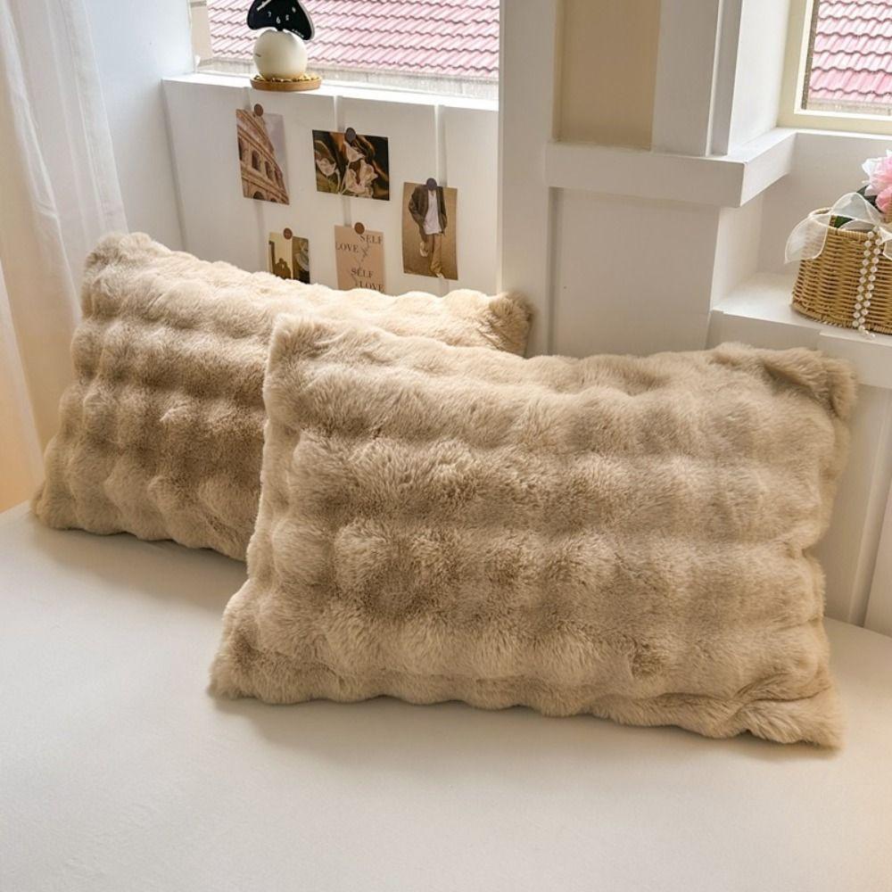 2pcs Warm Plush Fur Pillowcase Fluffy Pillow Cover Solid Color Sleep Pillowcase  Dormitory