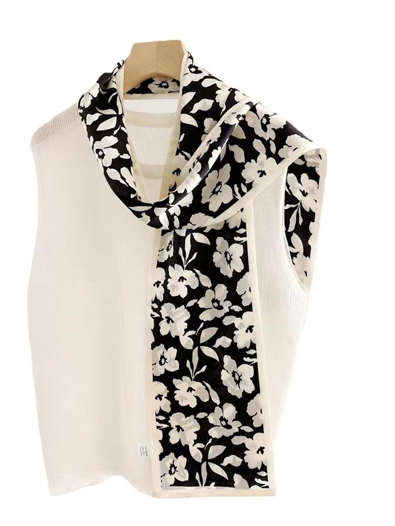 ! Black And White Small Floral Double-Sided Silk Scarf, Spring And Autumn Double-Layer Scarf, Mulberry Silk Scarf, Long Streamer