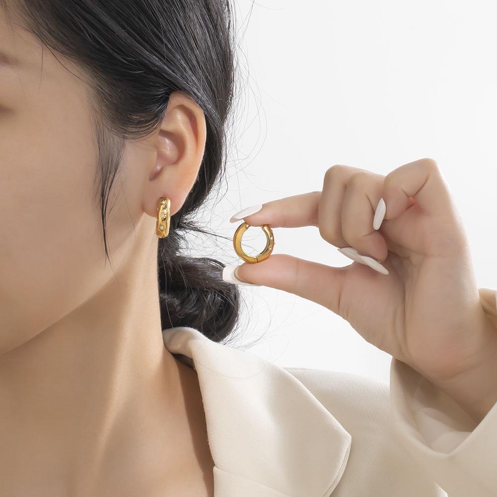Retro Micro-Paved Diamond Star Titanium Hoop Earrings, Electroplated 18K Gold.