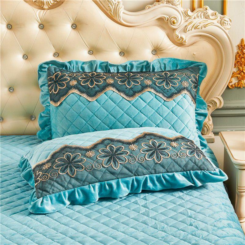 2pcs Velvet Pillow Case Luxury 48x74cm Pillow Cover Quilted Lace Bed Decorative Rectangle Pillow Shams Warm Solid Color