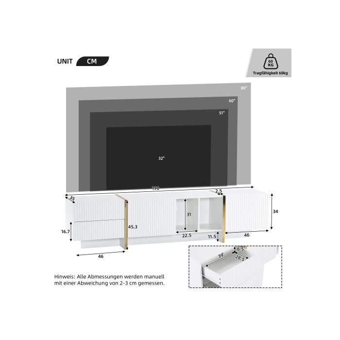 Meuble TV - MUVOE - 190x35x45,5 cm - Blanc - Pour téléviseurs jusqu'à 80 pouces - Design contemporain