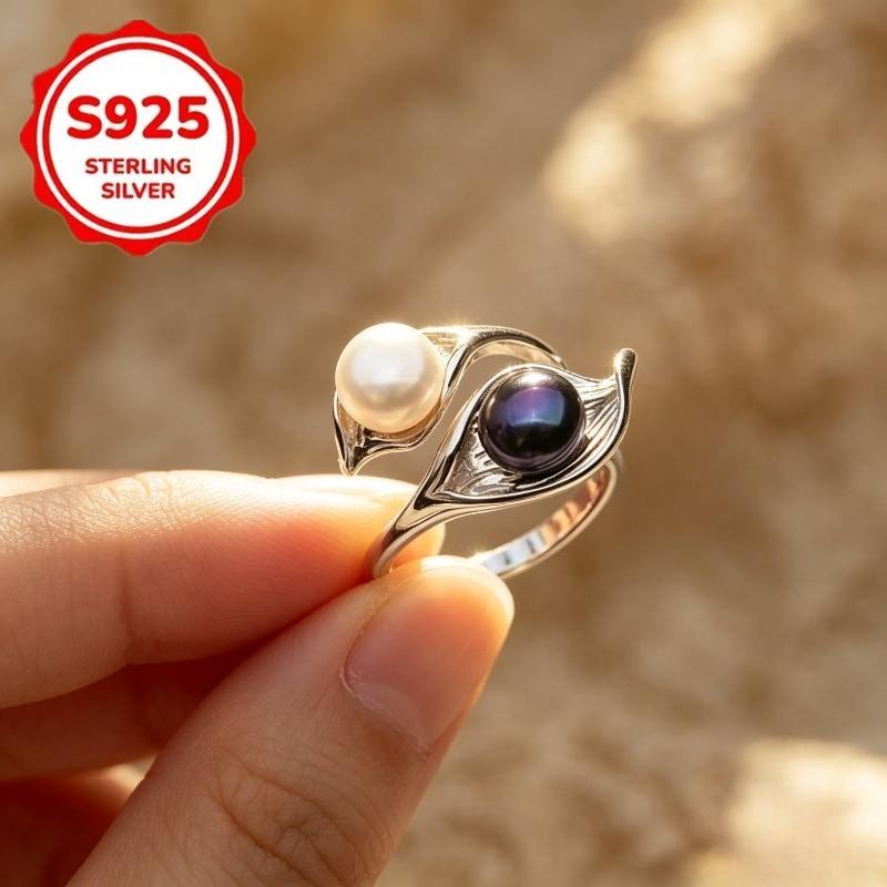 1pcs Adjustable opening925Pure silver ring for women, inlaid with shiny pearls, elegant and exquisite jewelry, versatile accessory suitable for daily