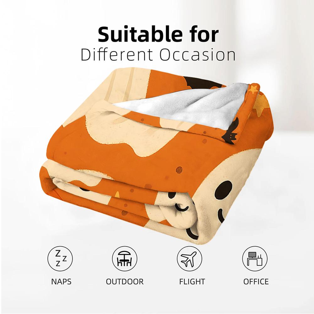 Cute Orange Moon Ghost Cartoon Anime Print Flannel Blanket Soft Warm Throw for Kids Bedroom Sofa Christmas Office Car