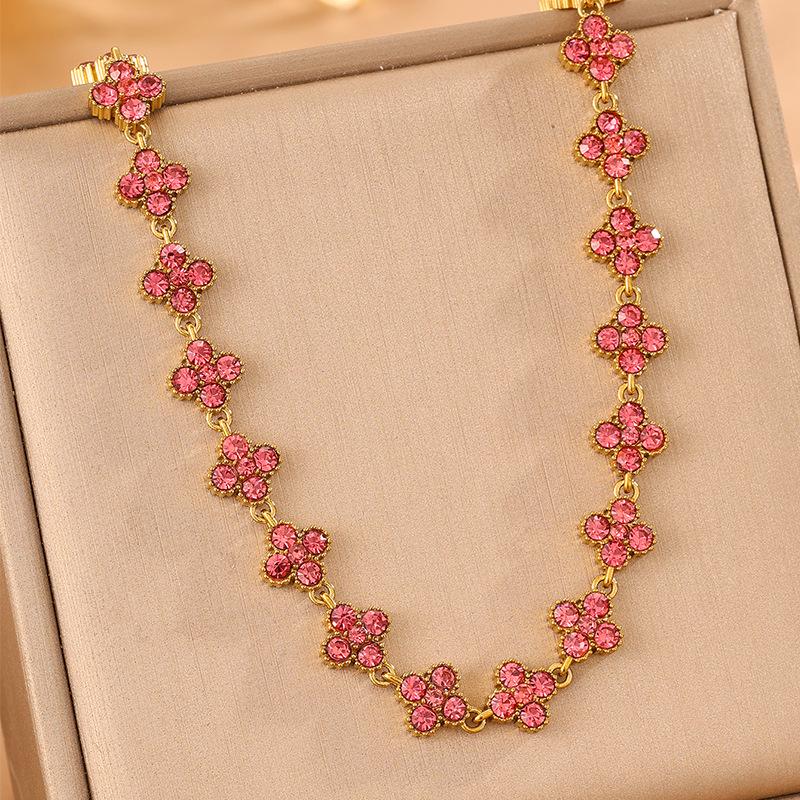 Colorful Diamond Four-Leaf Clover Jewelry Set - Necklace, Bracelet & Earrings for Women