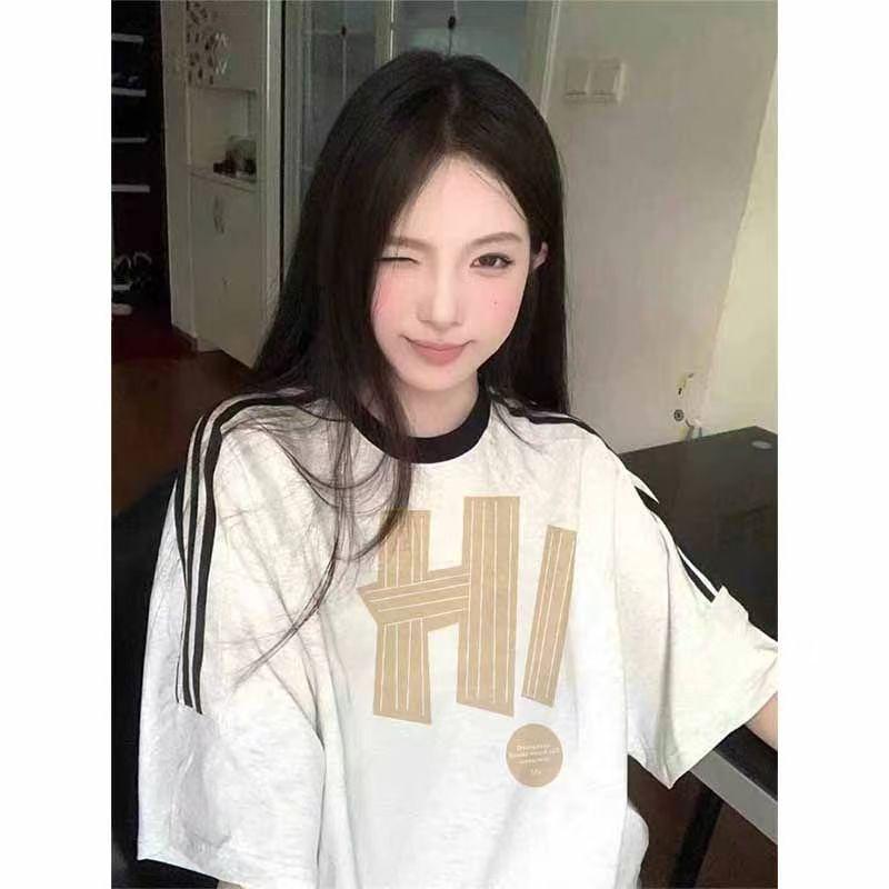 

Heavy cotton three-bar round neck American couple short-sleeved women s summer trendy casual top loose round neck t-shirt M