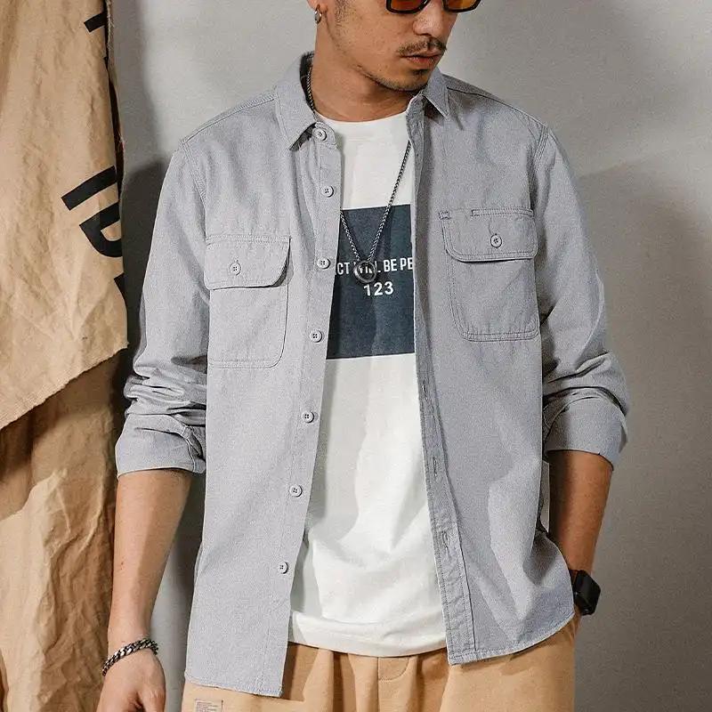 

Весна и Осень Новая Мужская Рабочая Рубашка Свободная Повседневная Однотонная С Длинным Рукавом Универсальная Простая Куртка S серый