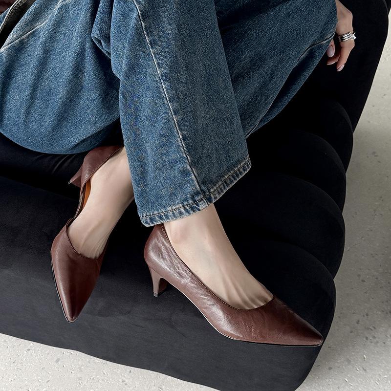 Cowhide Version~ Versatile High Heels Women's One-pedal Professional Work Shoes Shallow Mouth Pointed Temperament Single Shoes Non-slip