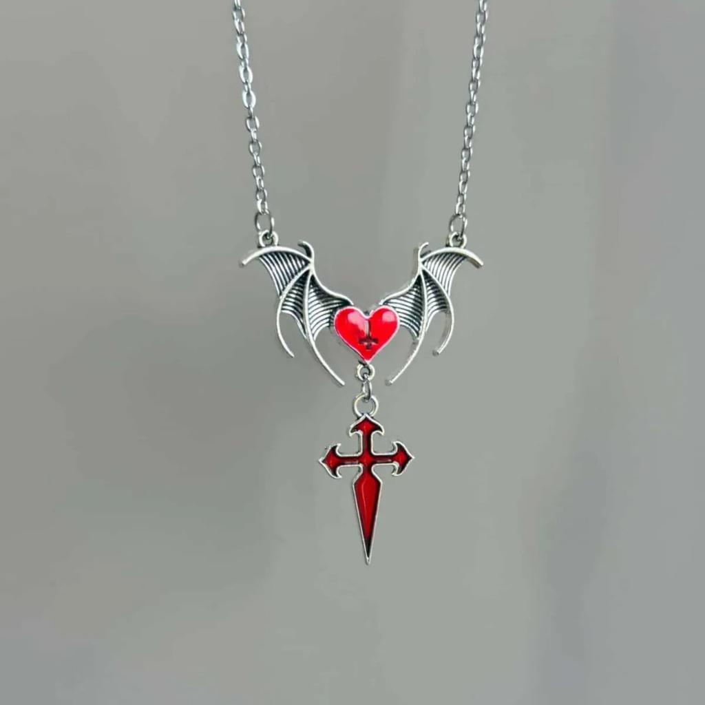 Punk Cross Bat Necklace,Gothic Jewelry,Vampire Accessories,Witchcraft,Blood Cross,Pagan,Vintage,Bat Wings Heart,Choker for Women