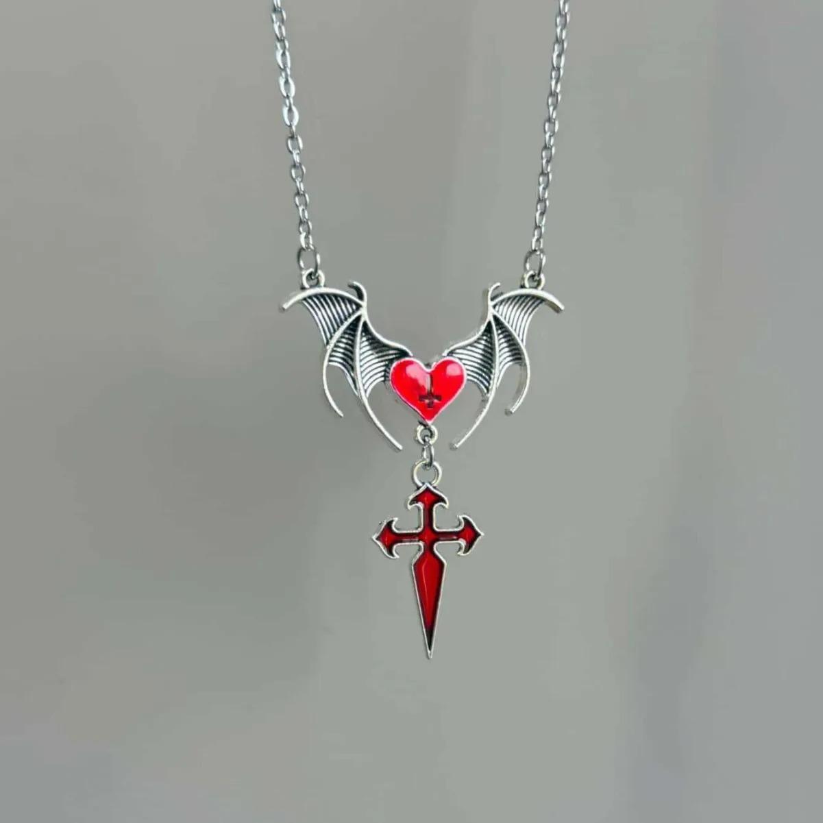 Punk Cross Bat Necklace,Gothic Zircon,Vampire Accessories,Witchcraft,Blood Cross,Pagan,Vintage,Bat Wings Heart,Choker for Women