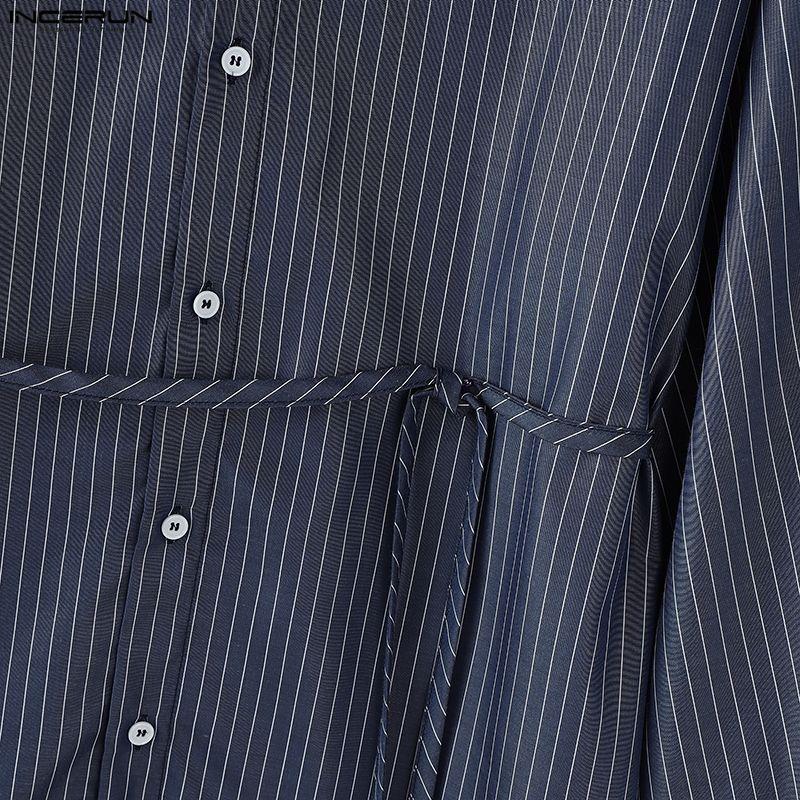 INCERUN Plus Size Men Lapel Neck Long Sleeve Lace-up Striped Loose Casual Long Shirts