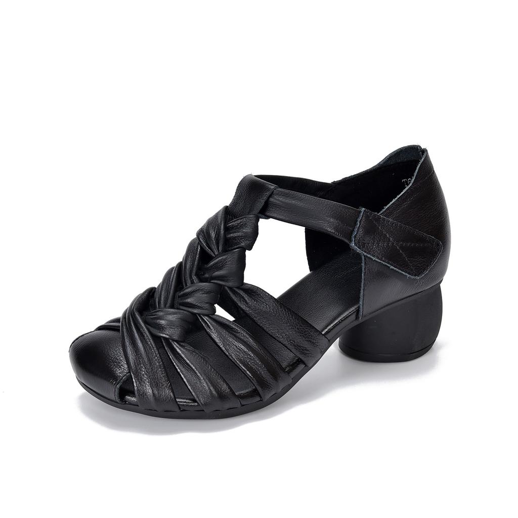 Johnature Genuine Leather Hand Woven Hollow-out Coarse Heel Sandals Retro Versatile High Heel Women's Shoes