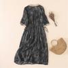 Abito lungo da donna stampato nero, estivo, sottile, con scollo a V e coulisse, stile bohémien vintage, plissettato, con risvolto