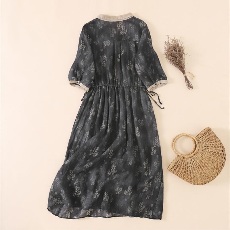 Abito lungo da donna stampato nero, estivo, sottile, con scollo a V e coulisse, stile bohémien vintage, plissettato, con risvolto