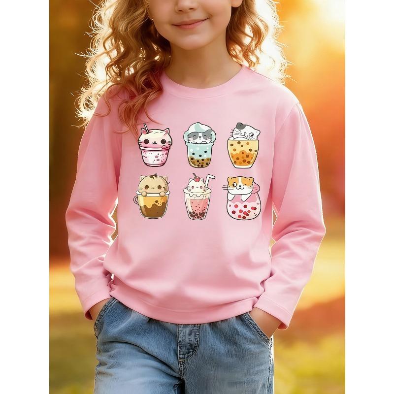 European Sizes Kids' Long Sleeve Top, Fashionable Round Neck Sweatshirt with Fun Cat and Bubble Tea Print, Cute Top for Casual Daily Wear