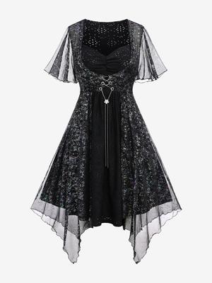 Rosegal  Plus Size Hollow Out Back Mesh Layered Chain Lace Up Asymmetrical Dress