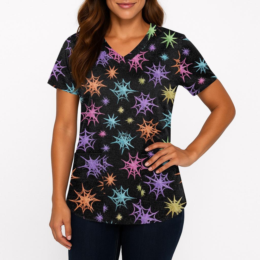 Women's Printing Uniform Work Uniform V-neck Pockets Basic Short Sleeve Pullover Top