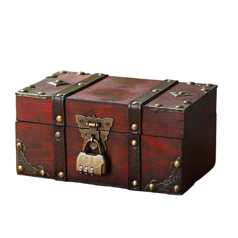 Antique Wooden Storage Box with Lock Decorative Hinged Lid Small Chest for Coin Jewelry Keepsakes Home Decoration