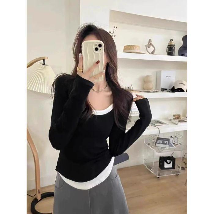 

Black Faux Two-Piece U-Neck Long Sleeve Women s Slim Fit Fleece Top for Autumn/Winter XL чорний