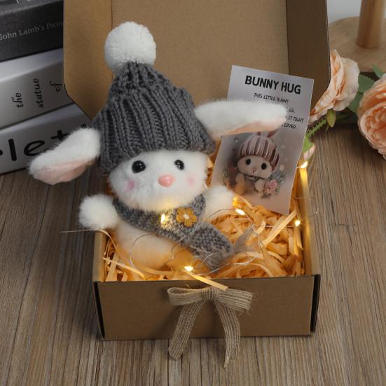 Mini-Häschen-Umarmung, Ostergeschenk, Plüsch-Kaninchenpuppe mit Strickmütze und Bommeltasche, emotionales Unterstützungstier mit Geschenkbox, inspirierende Karte