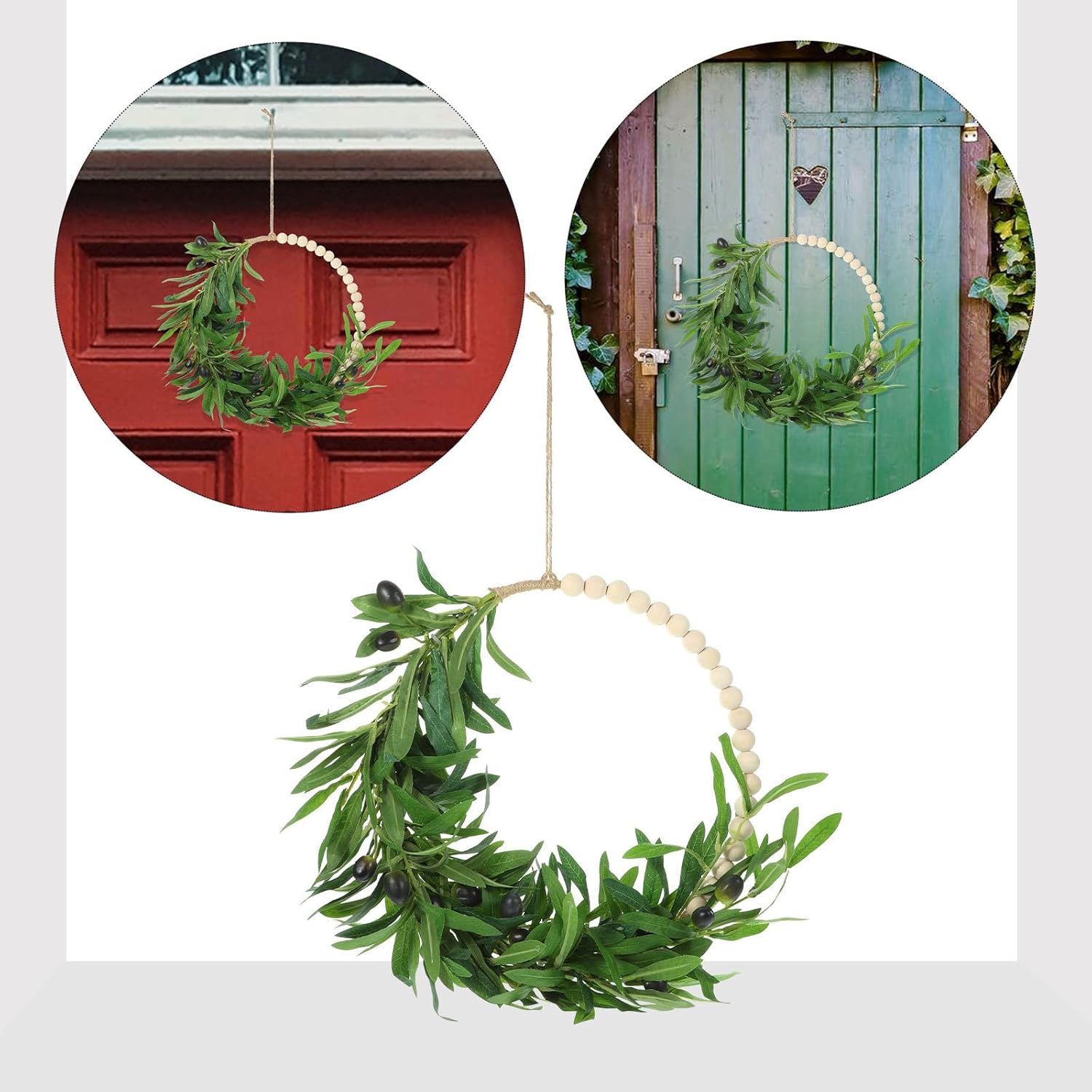Artificial Olive Leaf Wreath Wood Beads Wreath Greenery Leaves with Fruit Wreath Front Door Hanging Faux Olive Leaves Wreath for Wedding Wall Home