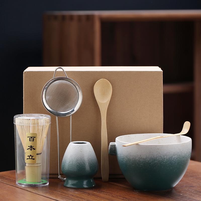 6PCS Japanese Matcha Set with Ceramic Bowl Bamboo Matcha Whisk Teaspoon Tea Sets with Strainer Tea Making Tools Accessories